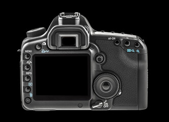 Appareil photo reflex num&eacute;rique sur fond noir 