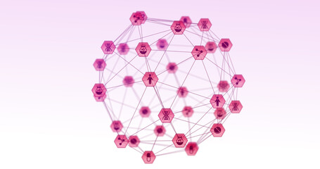 Image of pink globe of network connections with health icons