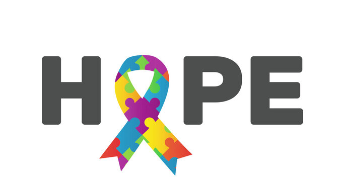 Digitally generated image of hope text with puzzle elements forming autism symbol against white back