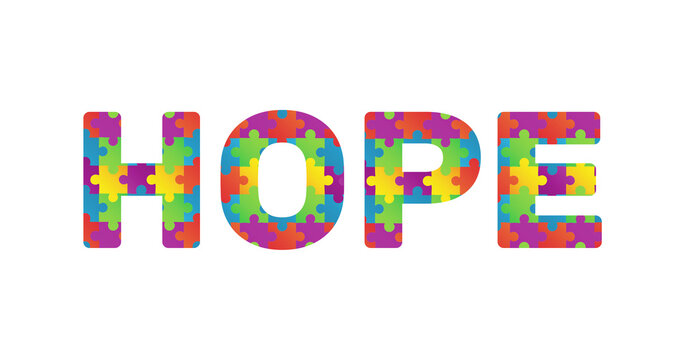 Digitally generated image of with puzzle elements forming hope text against white background