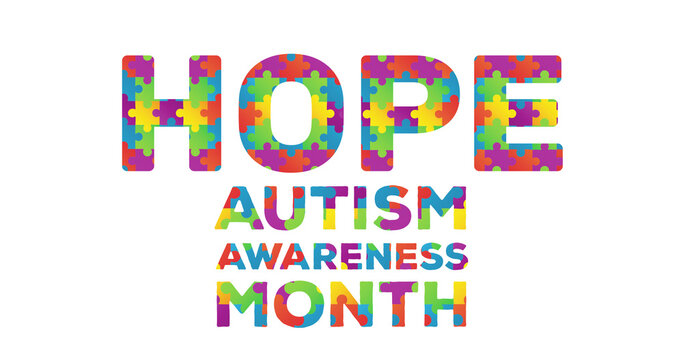 Digitally generated image of with puzzle elements forming Hope Autism Awareness Month text against w