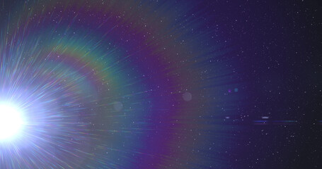 White spot of light and rainbow lens flare moving in the night sky