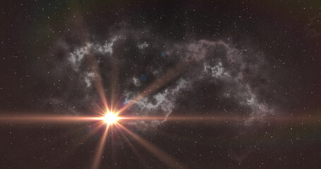 Bright orange spot of light moving over white nebula in the night sky