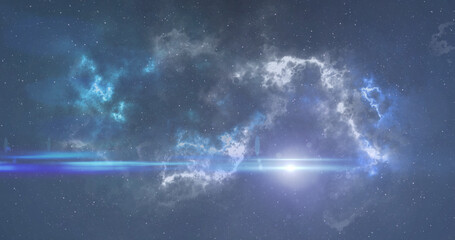 White spot of light moving over white and blue nebula in the night sky