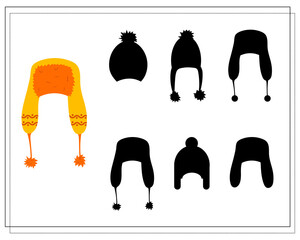 A logical game for children. find a suitable shade, a hat with earflaps . vector isolated on a white background