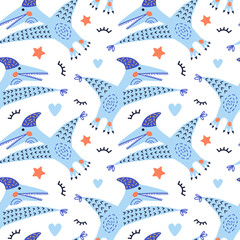 Vector illustration of seamless pattern with dinosaur. Blue Pteranodon on a white background. For printing on fabric and paper.