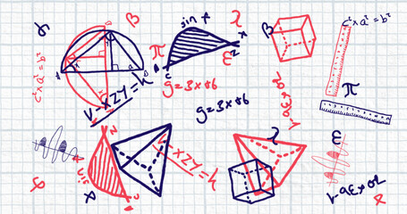 Mathematical equations and geometric shapes moving against square lined paper