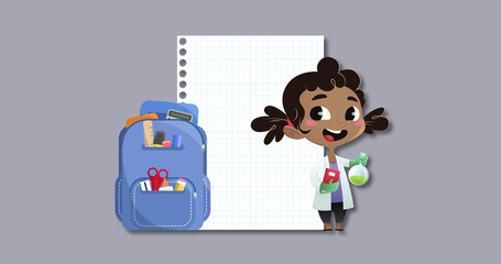 Fototapeta na wymiar Notebook, school bag and girl wearing lab coat icons against grey background
