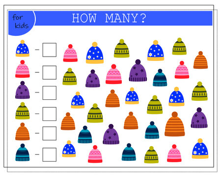 Math game for kids. worksheet, count how many caps. vector isolated on a white background