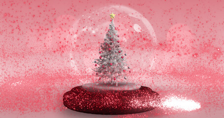 Light trails moving around snow globe against pink background