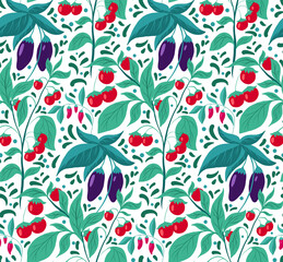 Seamless pattern with vegetables and foliage. Vector texture with eggplants, cherry tomatoes with doodle decoration on white background. Natural garden wallpaper. Fabrics with hand drawn flat bushes