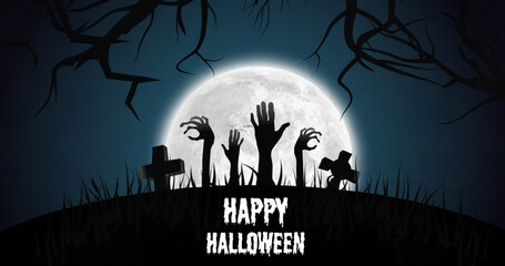 Happy Halloween text against zombie hands and bats flying