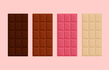 Set of classic chocolate bars. Dark, milk, white and raspberry chocolate. Flat vector illustration