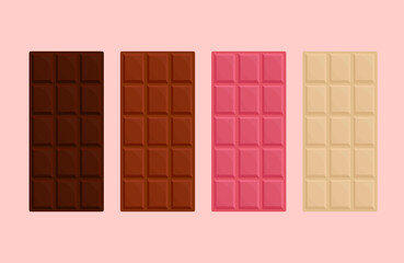 Set of classic chocolate bars. Dark, milk, white and raspberry chocolate. Flat vector illustration