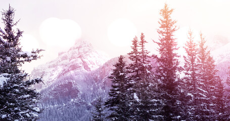 Fototapeta premium Image of winter scenery landscape with light spots mountains and fir trees covered in snow