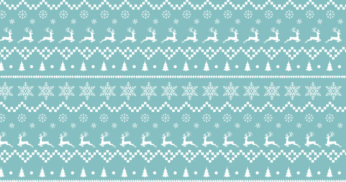Traditional Christmas pattern with reindeers and stars moving against green background
