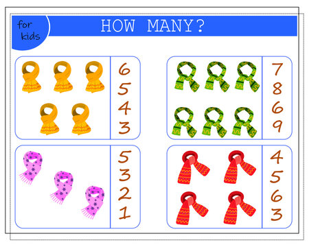 Math game for kids. worksheet, count how many caps. vector isolated on a white background