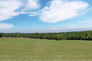Fototapeta na wymiar Paysage campagne, champs sous le ciel bleu, agriculture bio, sud de la France