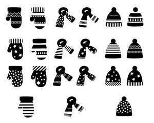 a set of winter colored hats, scarves and mittens with a pattern. vector isolated on a white background