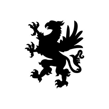 Logo heráldica con silueta de grifo medieval de pie en color negro
