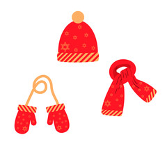 set of hat, scarf, mittens in red with a snowflake pattern, winter. vector isolated on a white background