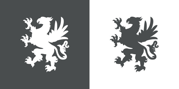 Logo heráldica con silueta de grifo medieval de pie en fondo gris y fondo blanco