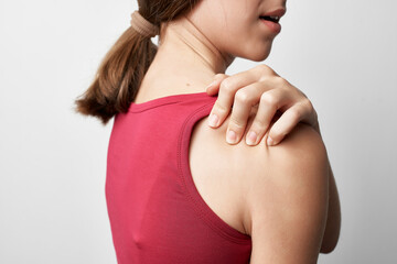 Fototapeta na wymiar woman holding shoulder joint problems medicine treatment health care