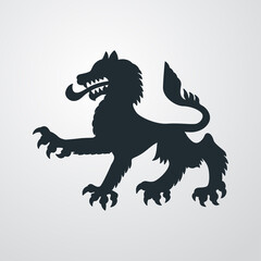 Logo heráldica con silueta de lobo o perro medieval en fondo gris