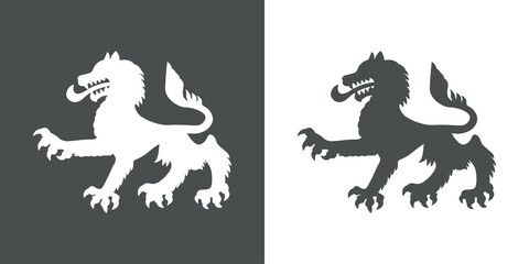Logo heráldica con silueta de lobo o perro medieval en fondo gris y fondo blanco © teracreonte