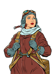 female retro pilot. professional military pilot - obrazy, fototapety, plakaty