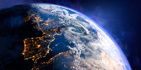 Planet Earth with exaggerated precise relief and volumetric atmosphere. Day-night transition. Europe. Spain and Portugal in the foreground. 3D rendering. Elements of this image furnished by NASA