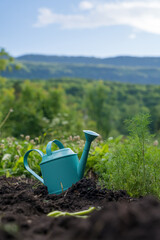 Gardening tools, watering pot on the grass in the garden. Irrigation, organic farming and spring gardening concept. © Daria
