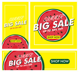Set of summer sale banner template background with watermelon slice illustration consisting of social media posts, stories and billboard advertisements. Perfect for online advertising