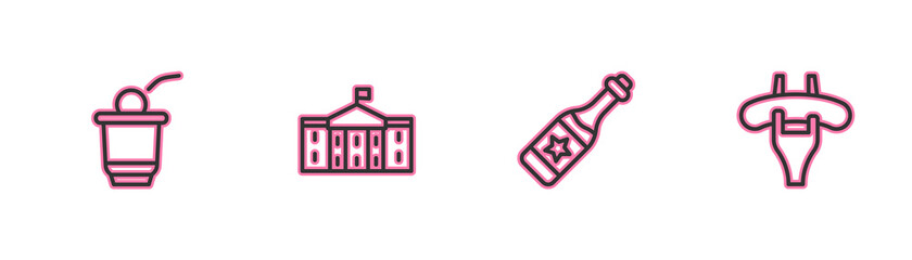 Set line Beer pong game, Champagne bottle, United States Capitol Congress and Sausage the fork icon. Vector