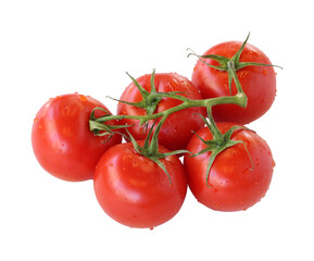 Bunch of tomatoes isolated on a white background. Tomato Clipping Path. Isolated tomato with water droplets on it