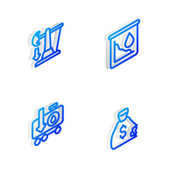 Set Isometric line Drop in crude oil price, , and Money bag icon. Vector