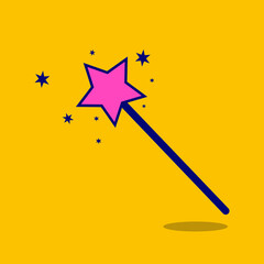 Pink star shaped magic wand with shiny sparkles. Magical wand, stick, Flat illustration, isolated.
