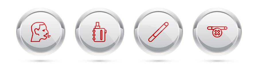 Set line Man coughing, Electronic cigarette, Cigarette and No smoking. Silver circle button. Vector