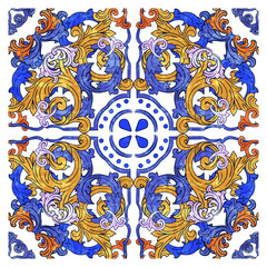 Azulejos Portuguese Dutch tile in shades of blue and yellow colors pattern. Baroque tiles. Vector Baroque. Rococo