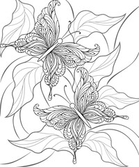 Vector illustration. Abstract black and white butterflies and leaves on a white background.