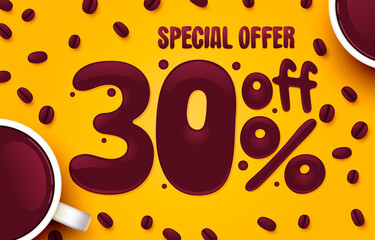 30 percent Off. Discount creative composition. Coffee special offer. Sale banner and poster. Vector