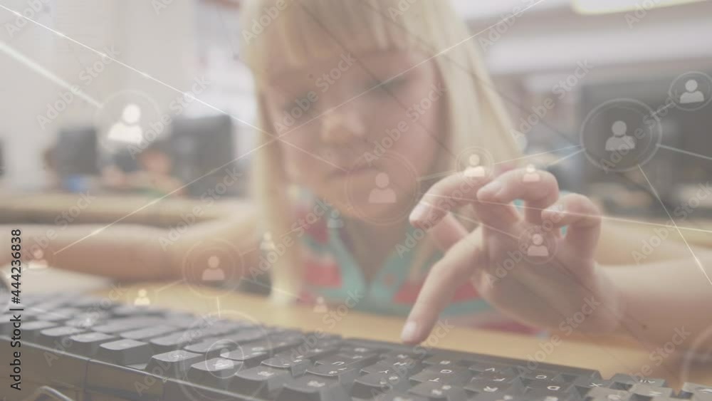 Sticker Animation of network of connections over schoolgirl using computer