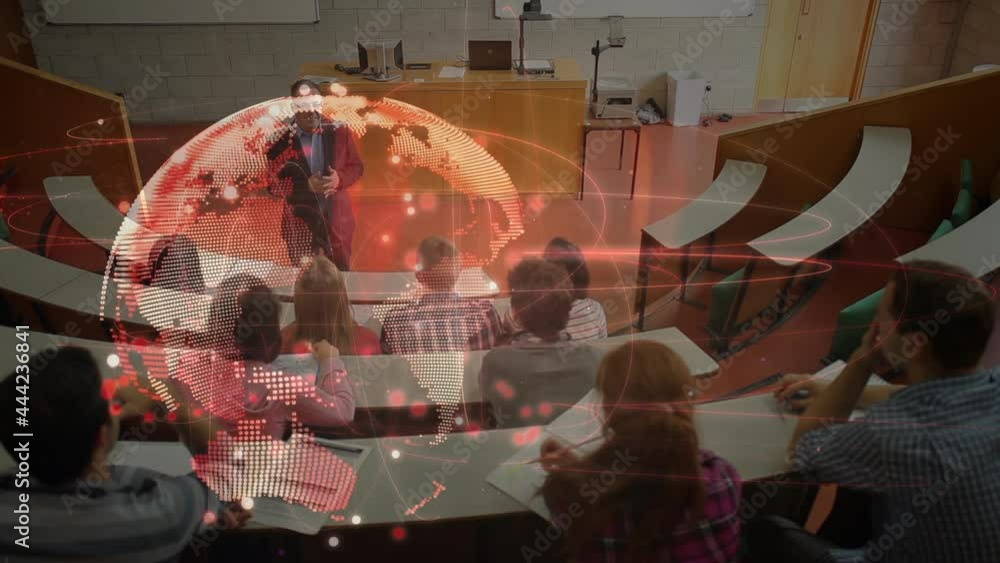 Aufkleber animation of glowing globe with network of connections over teacher and students in lecture room