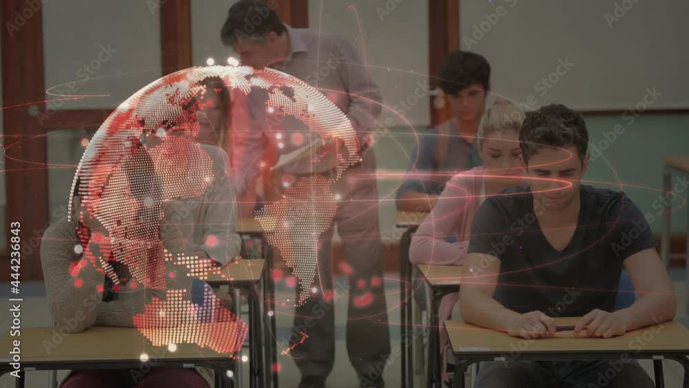 Poster animation of glowing globe with network of connections over teacher and students in classroom