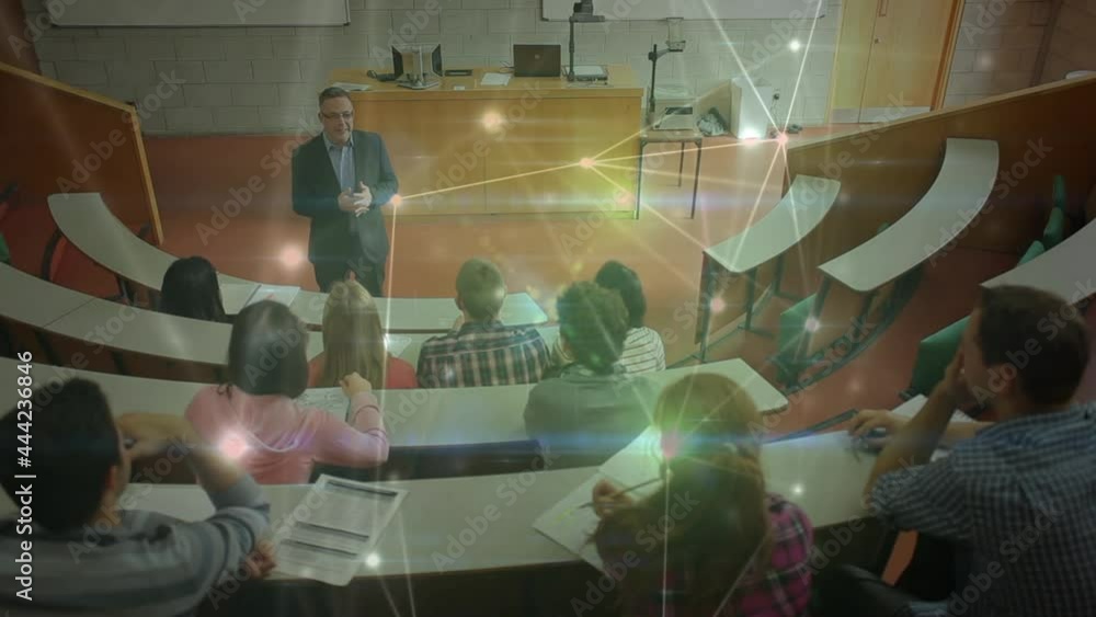 Aufkleber animation of glowing network of connections over students in lecture room