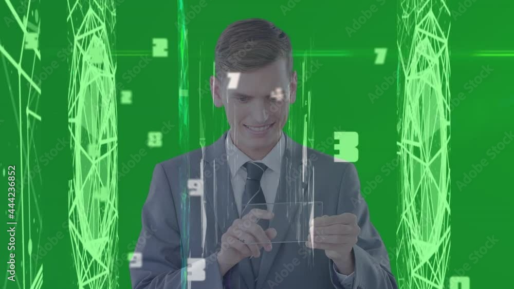 Poster animation of numbers, scope scanning and data processing over businessman using tablet