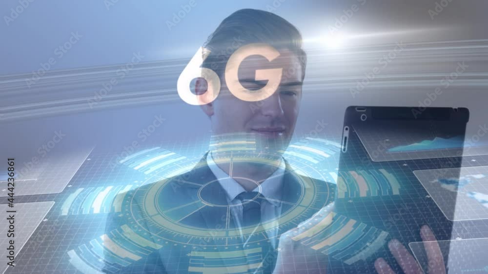 Poster animation of 6g text, scope scanning and data processing over businessman using tablet