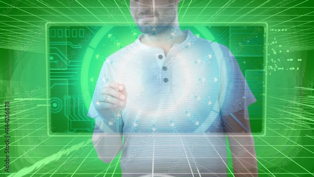 Poster animation of scope scanning over man using virtual screen and cityscape