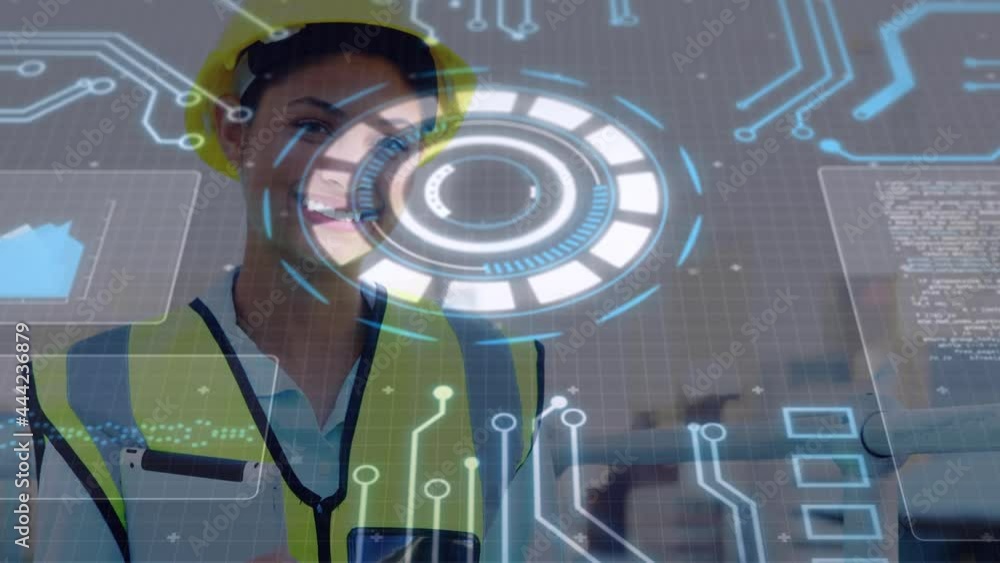 Poster animation of scope scanning and data processing over female engineer
