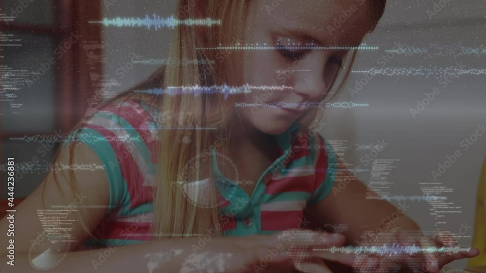 Poster animation of scope scanning and data processing over girl using tablet